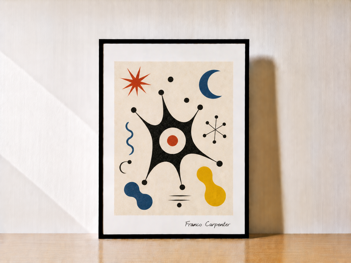 Abstract starburst art on wooden desk