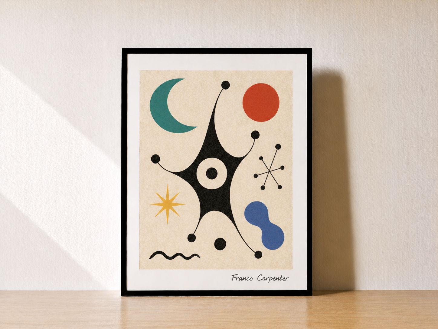 Mid-century abstract art on wood surface